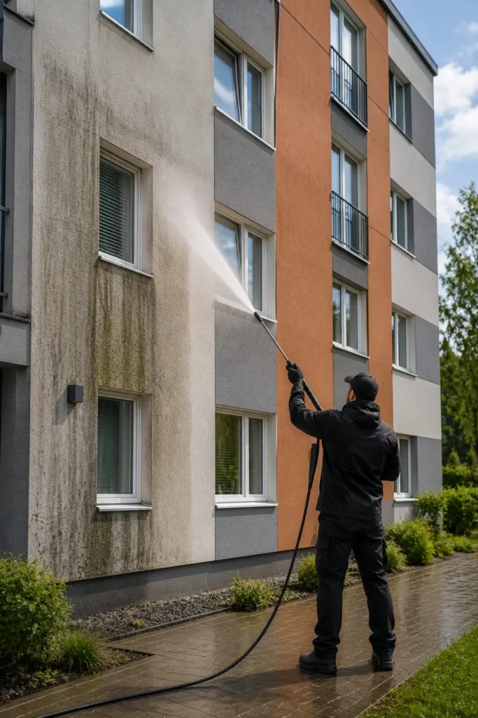 Mitmevärvilise kortermaja fassaadipesu survepesuga – professionaalne fassaadi puhastamine Pesutechi poolt