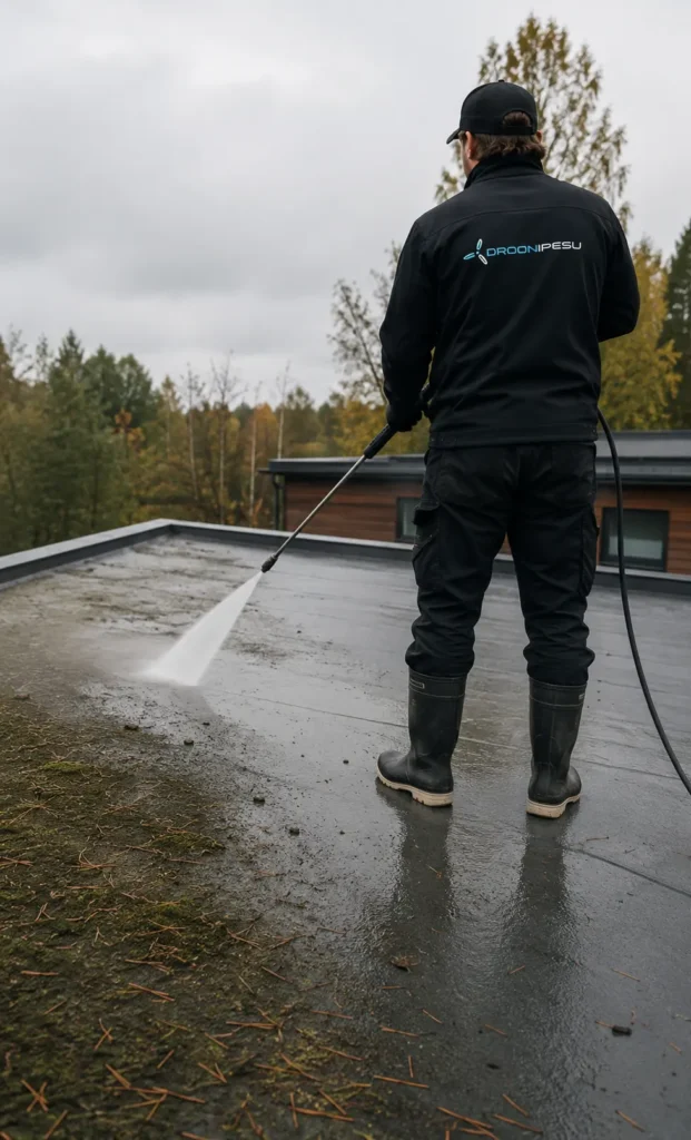 Töömees peseb PVC lamekatust survepesuriga, eemaldades sammalt, okkaid ja mustust